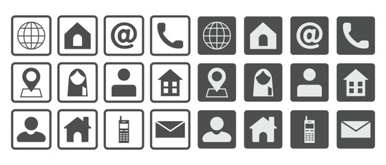 Business contact icons. Social media concept ,call, email, gps pin, house, globe, location, mobile and website design. Modern black and white contact icons. Vector illustration.