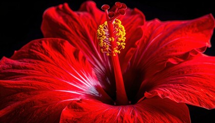 Scarlet hibiscus flower with prominent stamen and sculpted petal veins under soft window key against deep black velvet for dramatic high contrast floral imagery