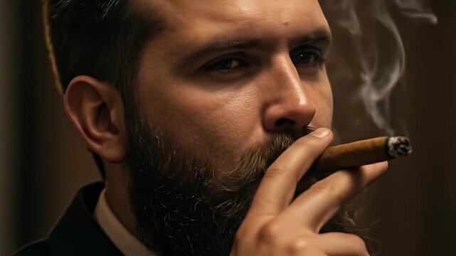 Close up realistic video portrait of a man smoking a cigar