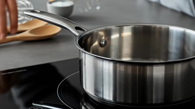 Close up Realistic Video Of Stainless Steel Saucepan On Black Induction Stove