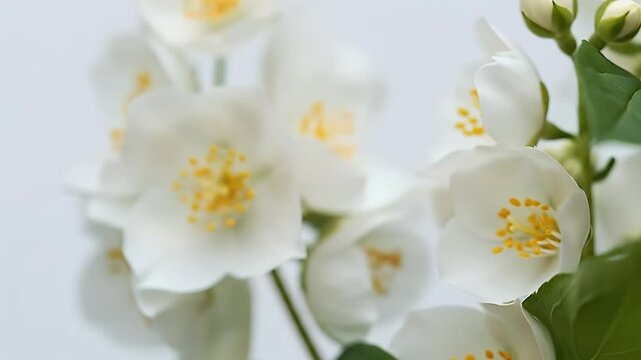 Close Up Realistic White Jasmine Flowers Delicate Petals Yellow Stamens Soft Light