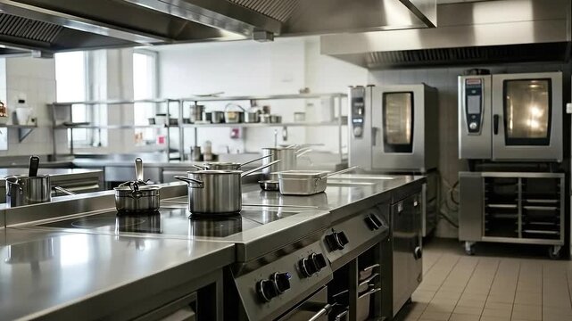 Commercial Kitchen Stainless Steel Countertops And Equipment Preparation Station With Pots And Pans Under Exhaust Hoods And Industrial Ovens In White Tiled Setting Professional Grade