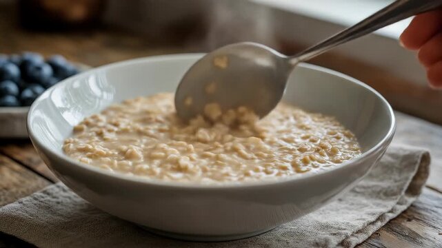 Warm Oatmeal Breakfast Bowl With Spoon Scooping Oats Beside Fresh Blueberries on Rustic Wooden Table with Soft Window Light and Linen Napkin.