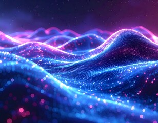 Abstract digital art of sparkling undulating waves with gradients of purple and blue lights