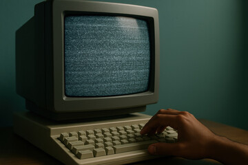 Hand operating vintage computer monitor displaying static noise on screen against green background, retro technology concept