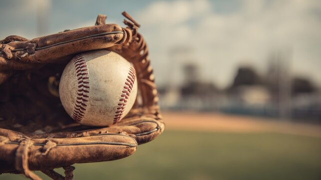 Close-up of baseball glove catching a ball with blurred field