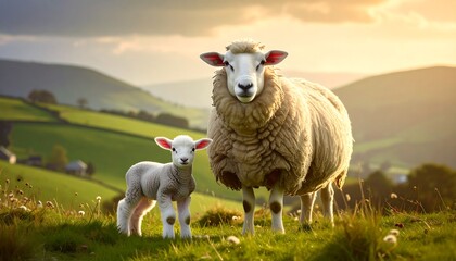 Fototapeta premium A fluffy sheep and her lamb gaze into the distance, in a sunlit field