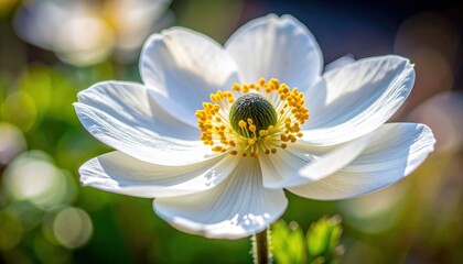 Three quarter view of a white anemone with an inky center and delicate stamens rendered tack sharp with airy garden bokeh and soft natural morning fill