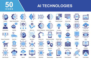 Artificial Intelligence Technologies icon set featuring icons for AI, machine learning, automation, big data, and cybersecurity. Perfect for tech, robotics, and data-driven innovation projects.