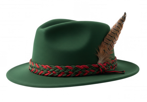 Green felt hat with braided band and feather isolated on a transparent background - Powered by Adobe
