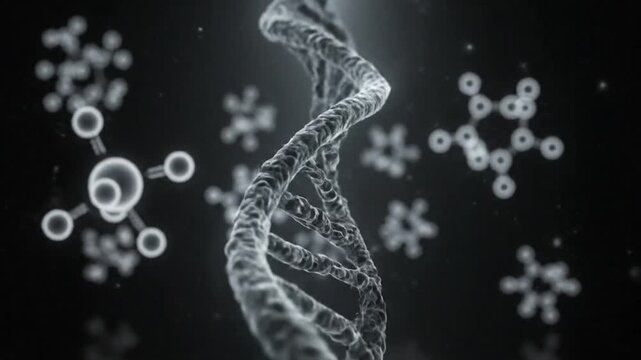 Monochromatic DNA Strand Animation with Molecular Structures on Dark Backdrop Medical Research and Technology Visualization for Backgrounds and Scientific Presentations Use
