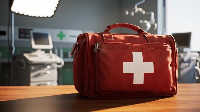 Red First Aid Kit with White Cross on Wooden Tabletop in Medical Examination Room with White Walls and Medical Equipments with Dramatic Lighting for Healthcare Promotion 199 Characters