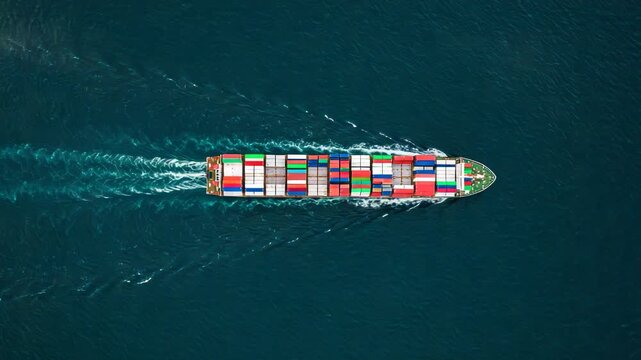 Aerial view of a container ship sailing on the ocean