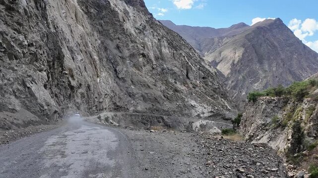Huaraz, Peru: Point of view footage of driving in offroad and narrow road in Canon Del Pato in Huaraz, Peru. Surounded by rocky mountain of cordillera blanca and cordillera negra