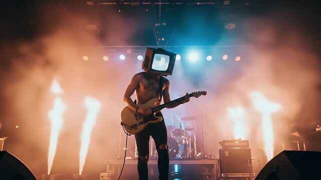 Concert stage with pixelated TV headed guitarist playing electric guitar with pyrotechnics