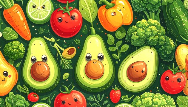 Whimsical illustration of assorted smiling vegetables and fruits