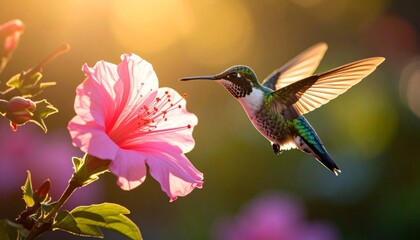 Fototapeta premium Stunning Close up of Hummingbird Feeding On Pink Hibiscus Flower Bloom