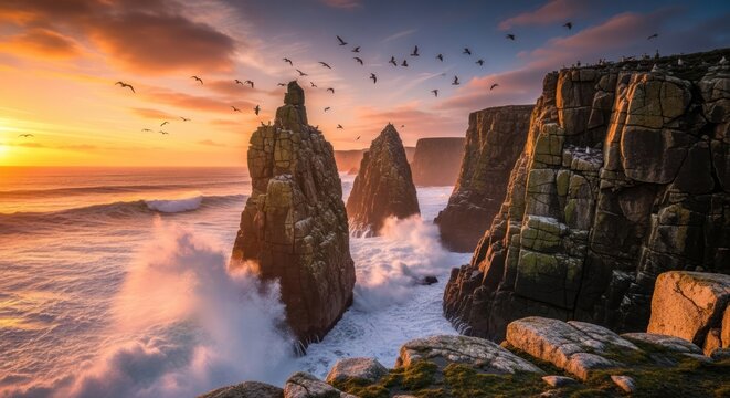 Dramatic coastal landscape with towering rock formations and crashing waves at sunset.