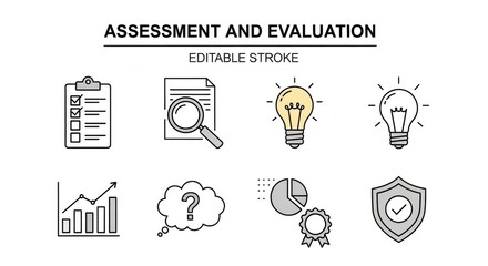  Assessment and Evaluation Editable Icon Set. Editable Stroke