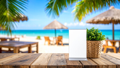 Fototapeta premium Beachside Bliss: A serene beach scene captured in a restaurant, with an empty board and plant pot set on the wooden table, it is good for adding text. 