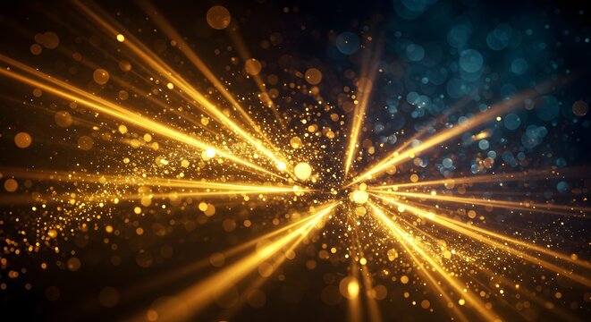 Abstract gold and blue light streaks emanate from a central point, creating a radiant effect - Powered by Adobe