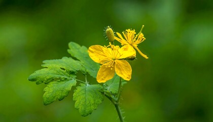 Close-up of bright yellow flower, green leaves, and blurred background
