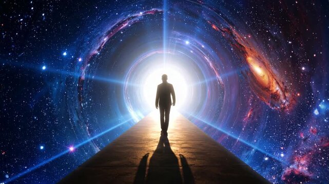 Silhouette of a person walking towards a bright light within a galaxy and universe themed background, concept of afterlife and future