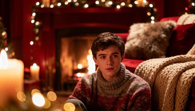 Young man sitting by a fireplace on christmas, wearing a cozy sweater and looking thoughtful - Powered by Adobe