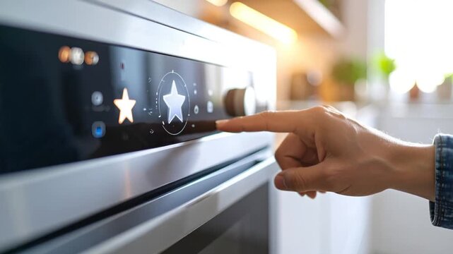 Hand interacting with modern oven control panel