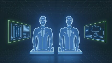 Two futuristic figures in a digital environment scanned by screens