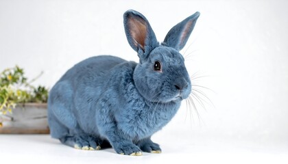 Obraz premium A fluffy, blue bunny with long ears posed in front of a white background