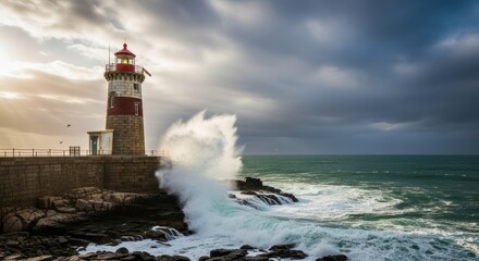 Obraz premium Dramatic Lighthouse Amidst Crashing Waves Under Stormy Skies.