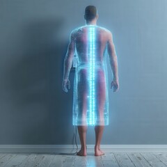 Realistic photo of a doctor performing a full body scan with futuristic diagnostic equipment in a bright modern clinic environment.