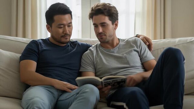 Couple Reading a Book Together on Sofa Cozy Scene Realistic Video