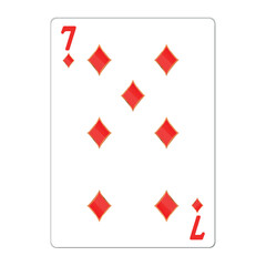 Seven of diamonds. Playing card with golden elements. Casino icons. Pictograms representing different suits. Vector illustration. Flat design for modern visual elements.