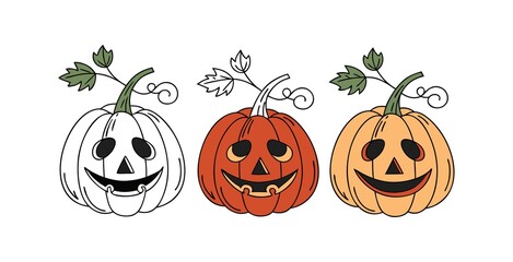 Pumpkin simple flat color icons Halloween vector set white backgraound