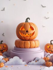 Whimsical Halloween Scene with Carved Pumpkins, Clouds, and Bats on a Pastel Purple Platform for a Festive and Spooky Celebration