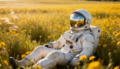 Astronaut relaxing in a field of yellow flowers, exploring nature on an alien planet