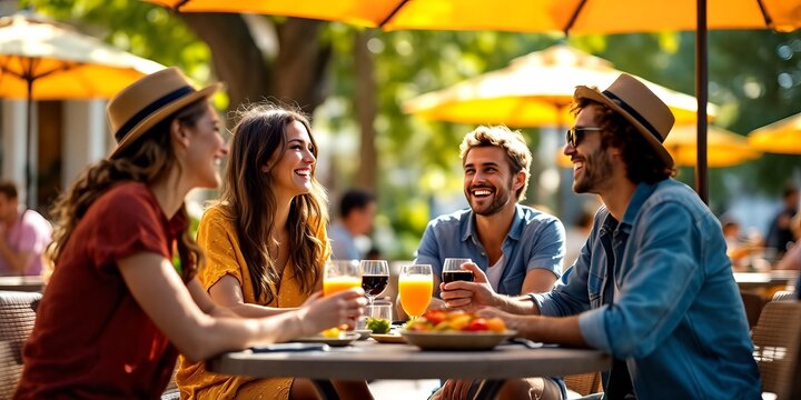 Four smiling friends at outdoor table with drinks under orange umbrellas in sunlit setting