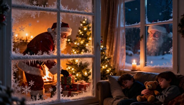 Santa claus looking through a frosted window at children sleeping by a christmas tree - Powered by Adobe