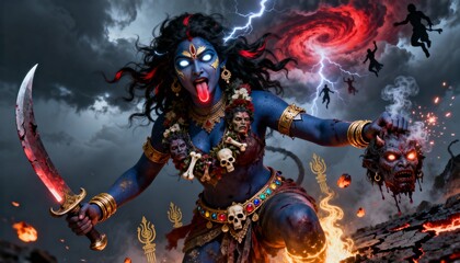 Fierce hindu goddess kali, depicted with blue skin, a sword, and a severed head, amidst a stormy, apocalyptic landscape with lightning