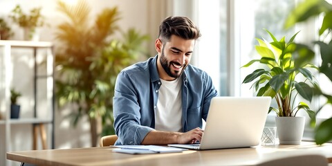 Smiling man works on laptop at desk surrounded by plants in a bright airy room