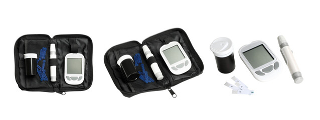 Set of diabetes testing supplies in a black zippered case, PNG