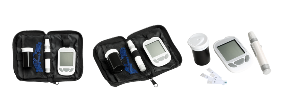 Set of diabetes testing supplies in a black zippered case, PNG