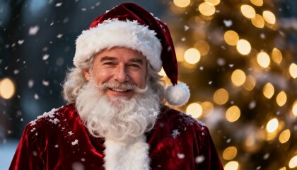 A smiling santa claus in a red suit with a white beard, with snow falling and a bokeh christmas tree in the background