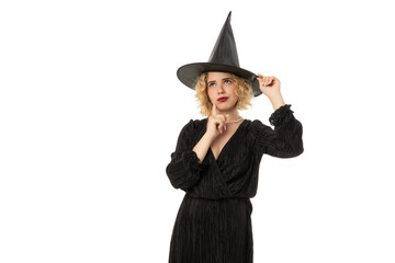 Fototapeta premium Woman in black dress and witch hat for Halloween, isolated, PNG