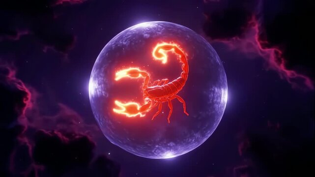 Fiery scorpion symbol glows within a red energy sphere on a dark cosmic backdrop, embers and swirling nebulae circle the sign, mystical astrological imagery, concept of zodiac sign scorpio