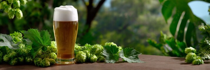 Refreshing craft beer glass surrounded by fresh hops outdoors