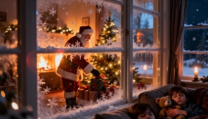 Santa claus secretly placing gifts under the christmas tree seen through a snowy window