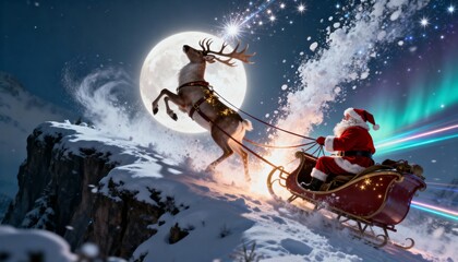 Santa claus riding his sleigh pulled by a reindeer during the night with a full moon and aurora borealis